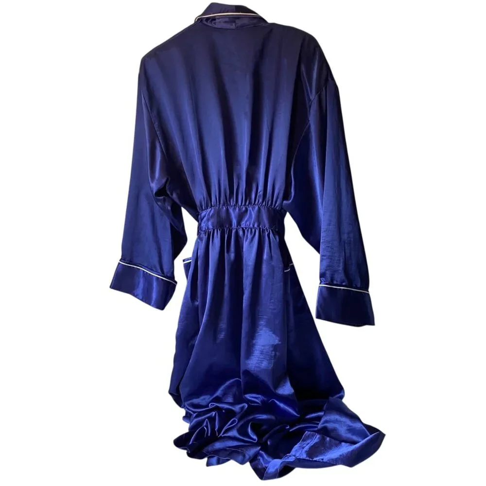 Victorias‎ Secret Royal Blue Maxi Satin Robe White Piping Pockets Women M/L